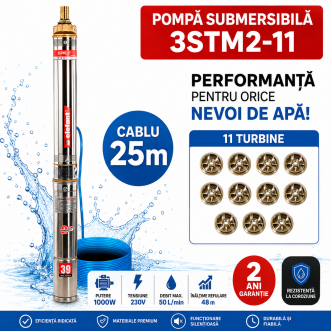 Pompa de apa submersibila, 1000W, 11 turbine, 3000 l/ora, inaltime refulare 48 m, lungime cablu 25m ELEFANT 3STM2-11 Pompa de apa submersibila, 1000W, 11 turbine, 3000 l/ora, inaltime refulare 48 m, lungime cablu 25m ELEFANT 3STM2-11